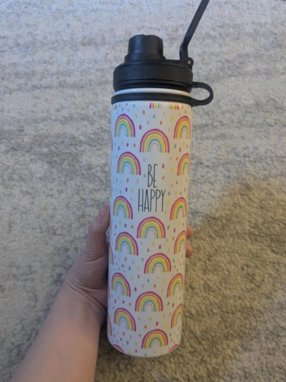 18 oz. White & Rainbow Print "Be Happy" Water Bottle Tumbler